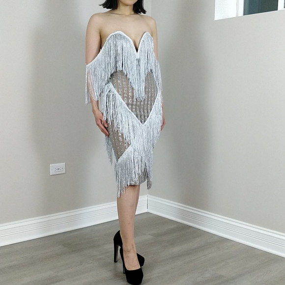 Dresses & Skirts - Silver strapless or strapped fringe dress
